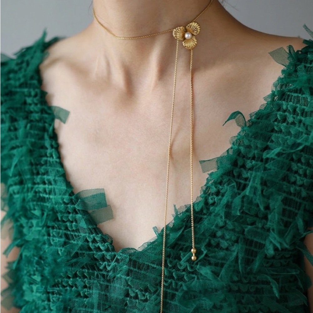 Gold Floral Pearl Drop Lariat Necklace - Women